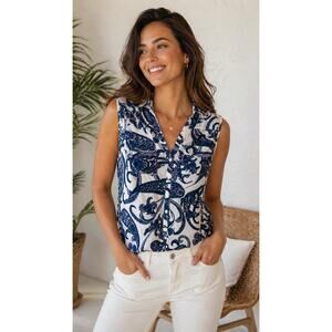 NEW YORK and CO Dark Navy White Paisley Collared Button Up Blouse size Large